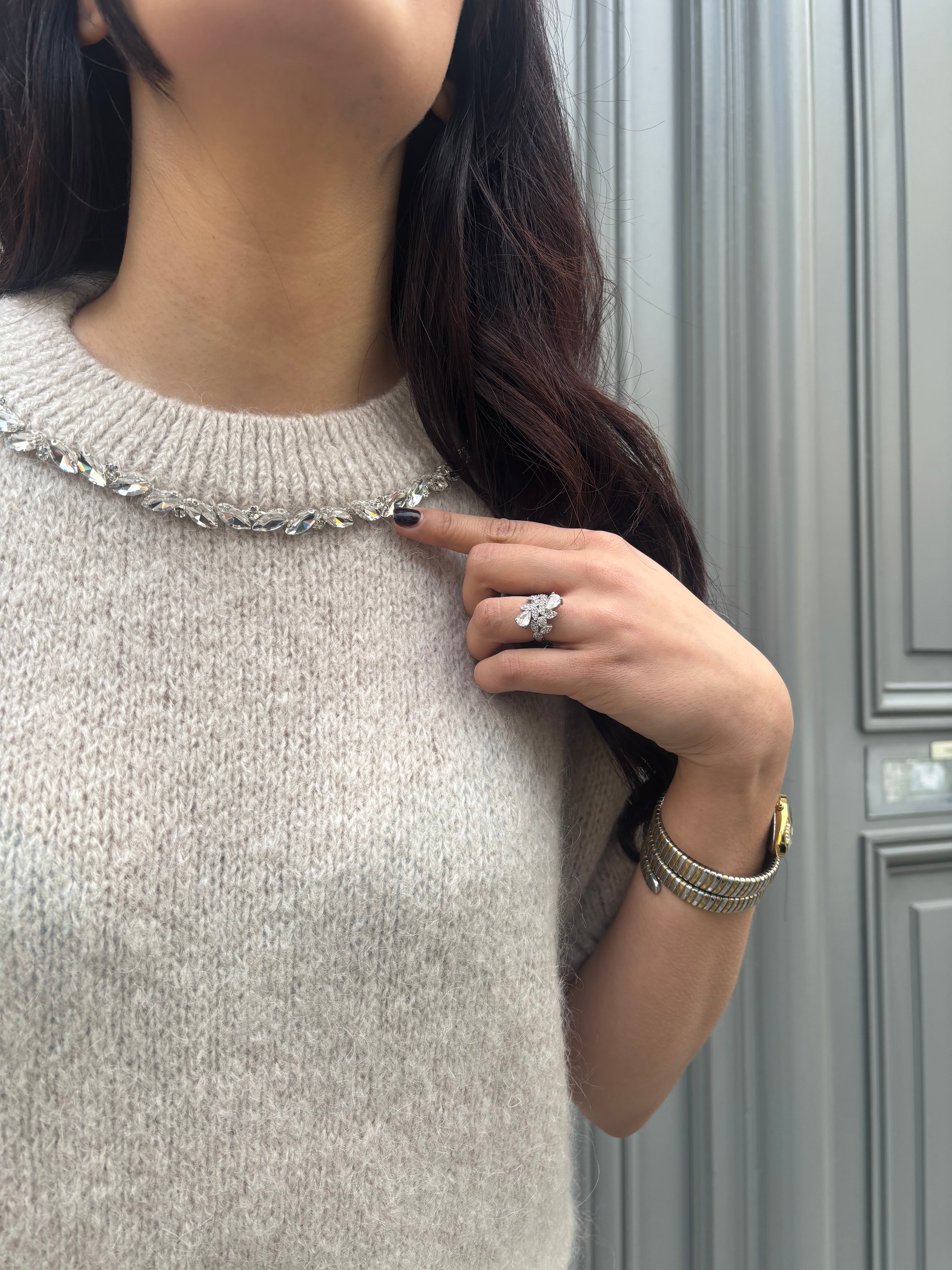 Pull Beige à Manches Courtes Bouffantes